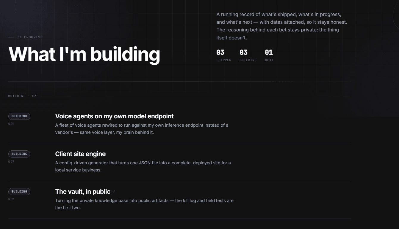 The building page — shipped and in-progress projects with status pills