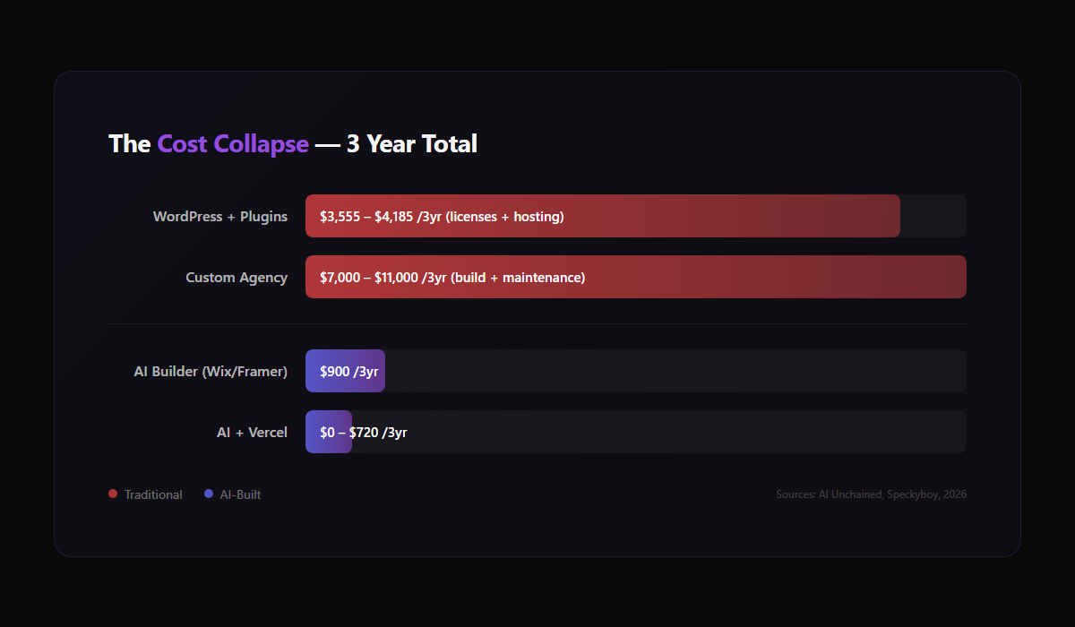 Cost comparison: WordPress and agency vs AI website builders over 3 years
