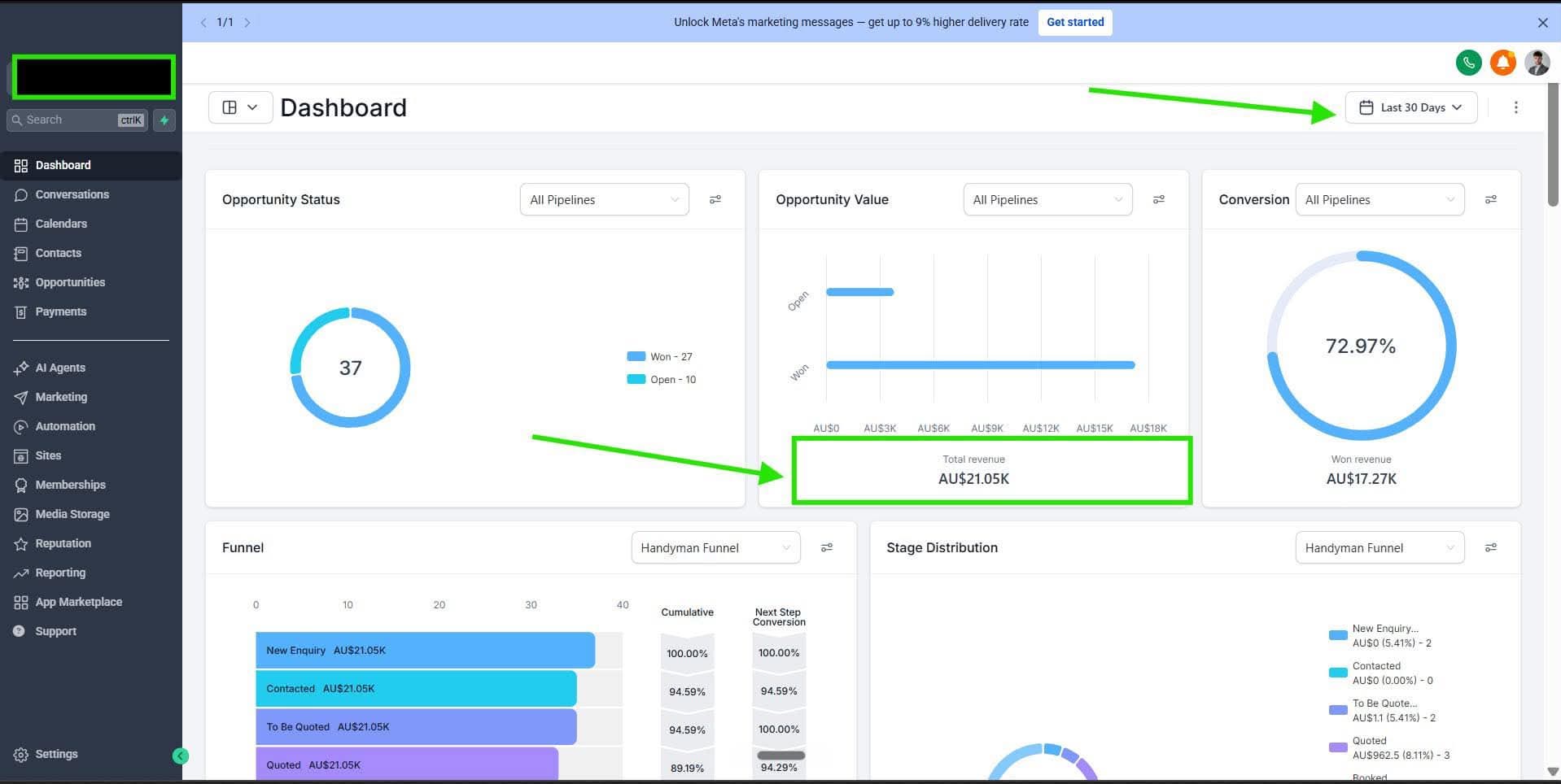 Live CRM dashboard — the home-services client's pipeline, tracked revenue and conversion