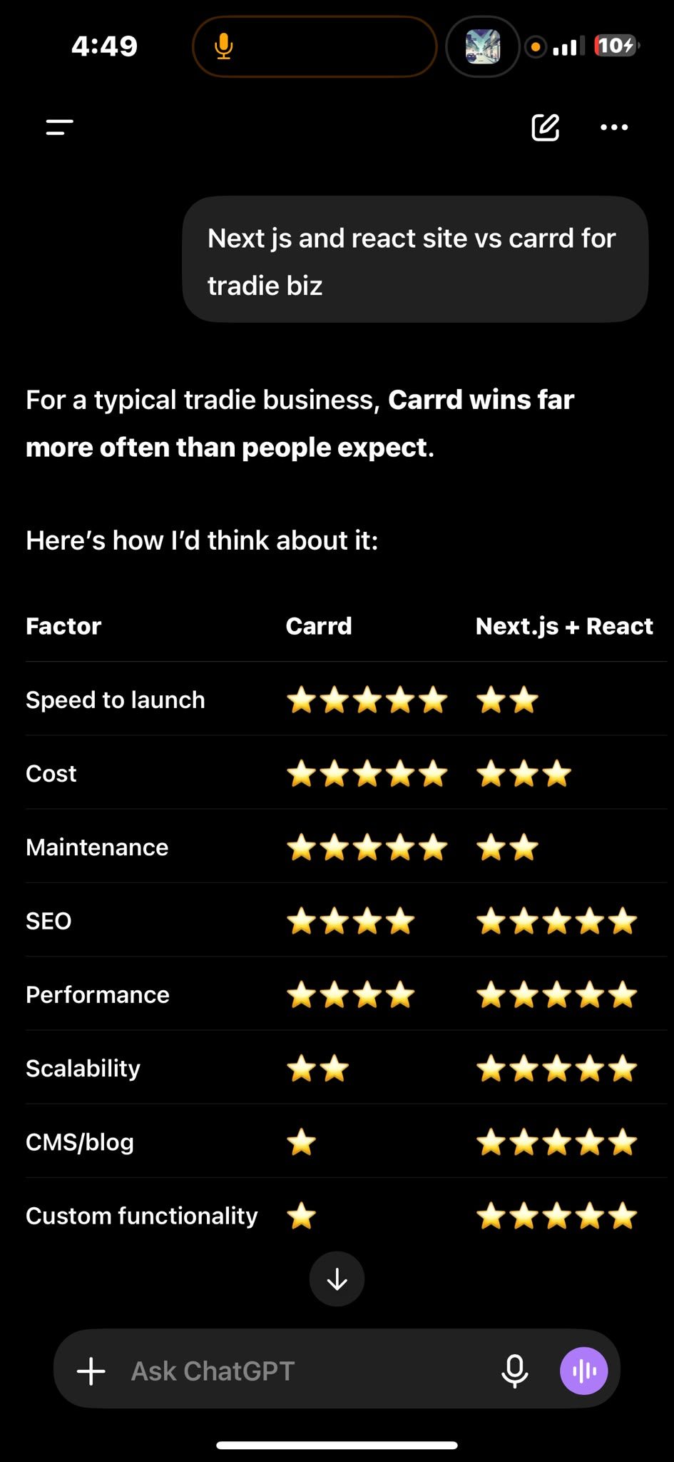Phone screenshot comparing Carrd vs Next.js for tradie business sites