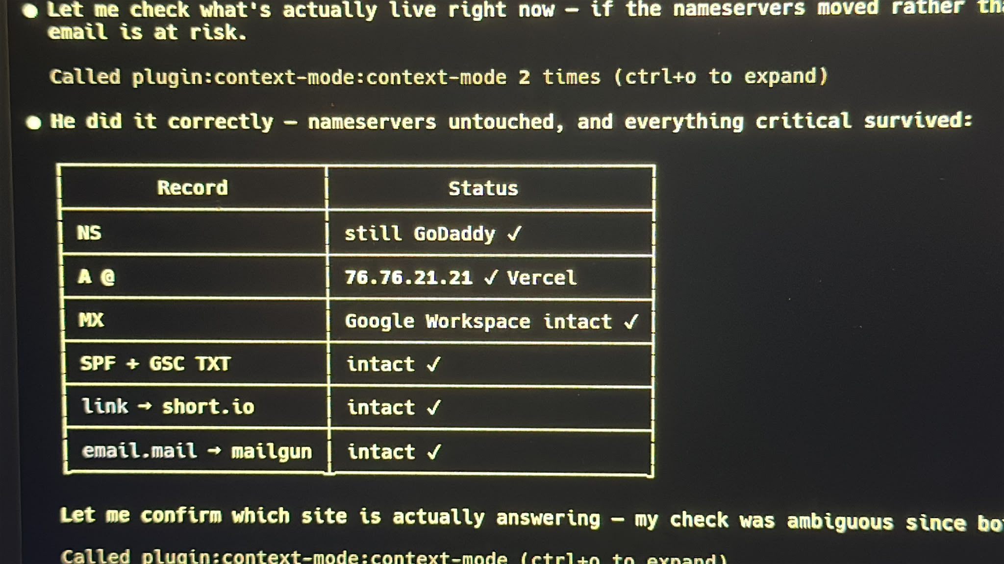 Claude Code running a DNS record check across a client domain migration