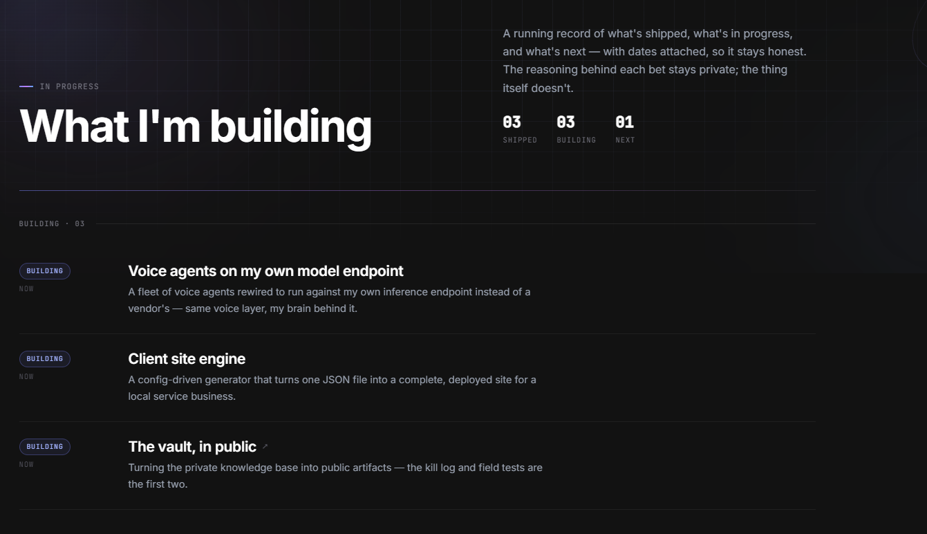 The building page — shipped and in-progress projects with status pills